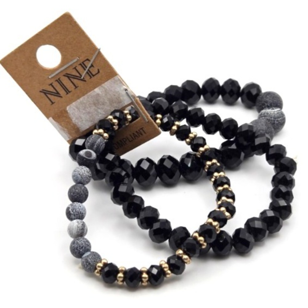 Set‎ of Three New Crackle Black Agate and Faceted Glass Beaded Stretch Bracelets